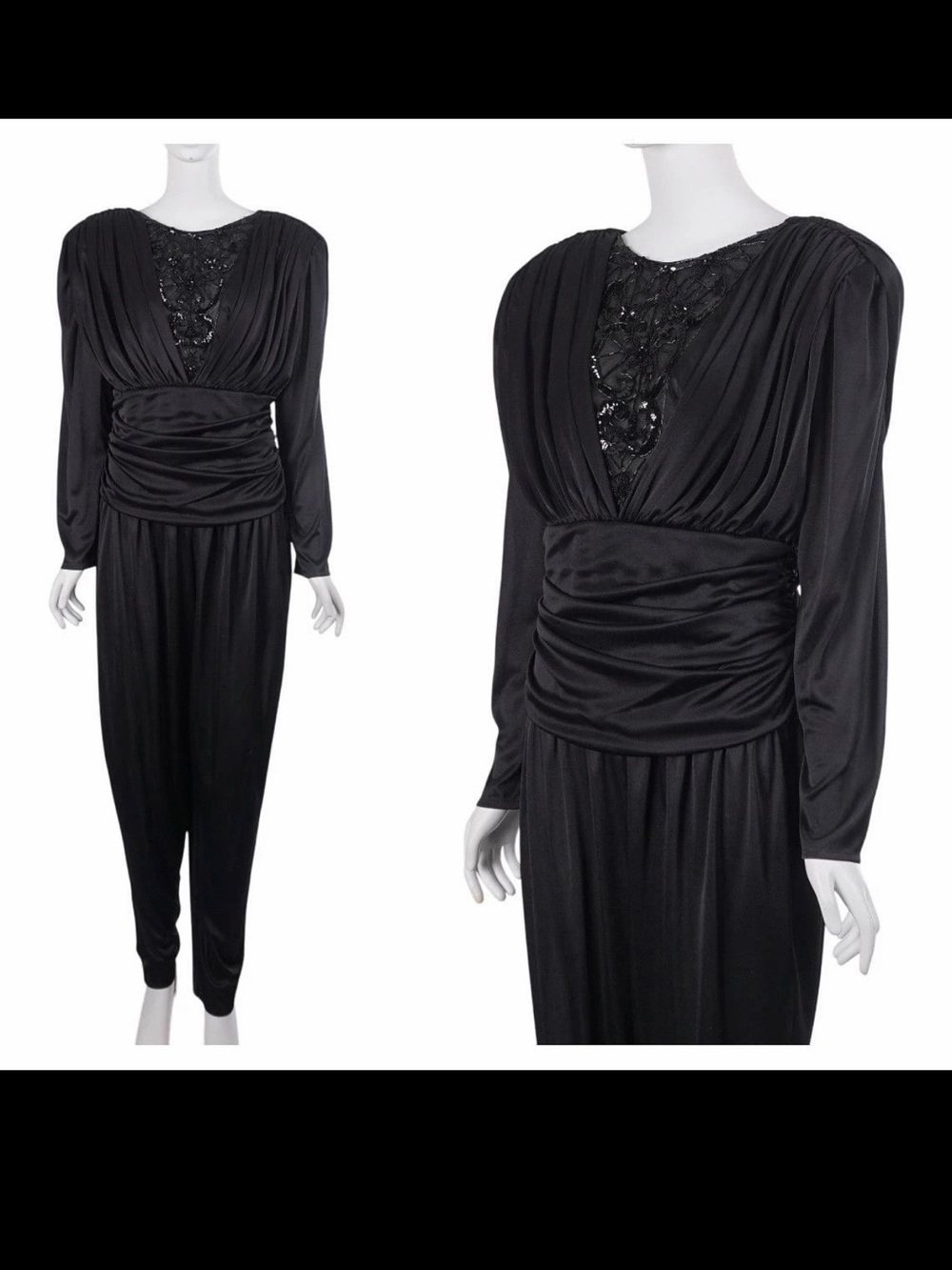 Vintage 80s Abby Kent Jumpsuit S/M Black Sequin Beaded Long Sleeve Ruched Party